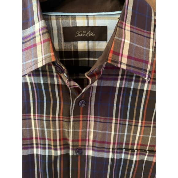 Tasso Elba Shirt Mens 15 15.5 Medium Brown Combo Plaid Button Up Long Sleeve - Picture 3 of 6
